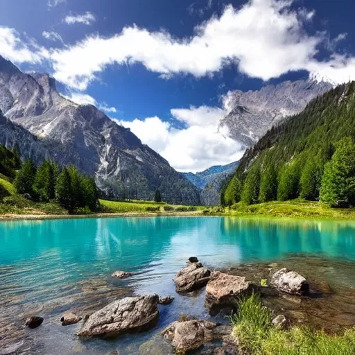 Prompt: alpine river, lake with mountains in the background, blue sky with a few clouds, beautiful, hd, landscape