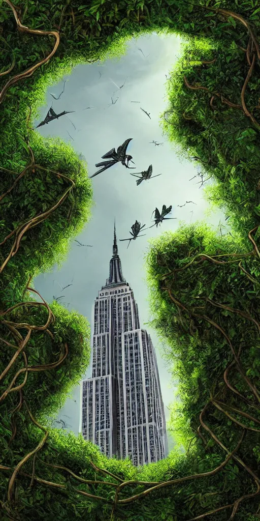 Prompt: an epic view of the empire state building covered in vines, moss, and jungle, with pterosaurs flying, close - up, low angle, wide angle, atmospheric, cinematic, very realistic, highly detailed digital art, painted by tyler edlin