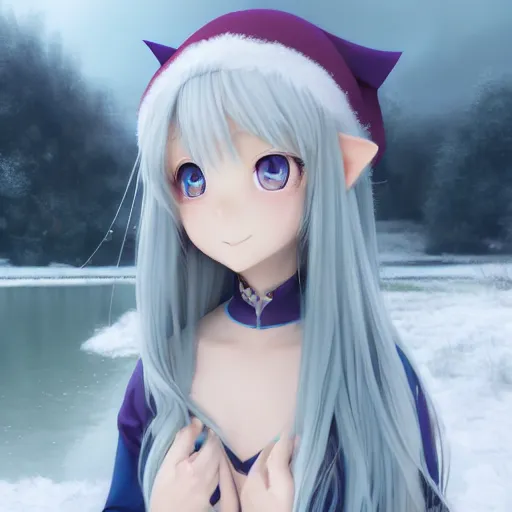 Image similar to a very beautiful anime elf girl, full body, long straight silver hair, sky blue eyes pointy ears, full round face, short smile, casual clothes, ice snowy lake setting, cinematic lightning, medium shot, mid-shot, highly detailed, trending on Artstation, Unreal Engine 4k, cinematic wallpaper by Stanley Artgerm Lau, WLOP, Rossdraws, James Jean, Andrei Riabovitchev, Marc Simonetti, and Sakimichan