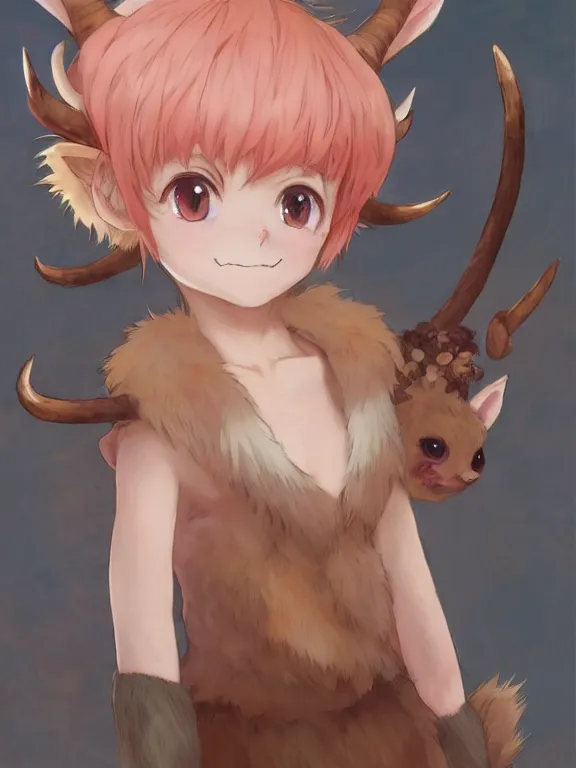 Prompt: Anime portrait of a cute smiling faun, short pink hair, golden notched horns, brown fur, fluffy tail, by Makoto Shinkai, Stanley Artgerm Lau, WLOP, Rossdraws, James Jean, Andrei Riabovitchev, Marc Simonetti, and Sakimichan