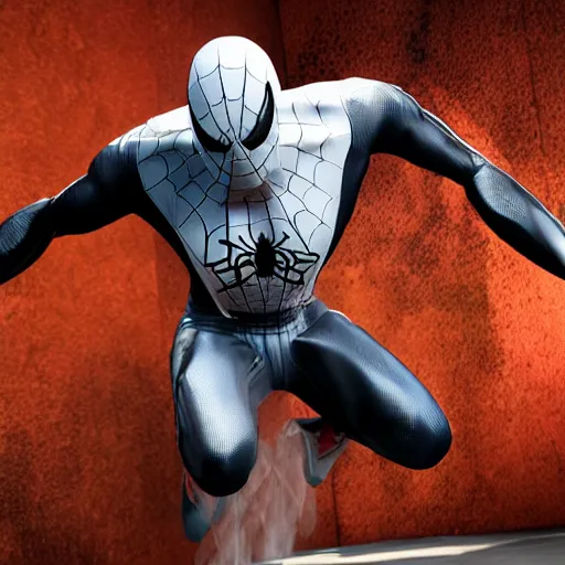 Image similar to black spider - man suit with white web lining, cinematic, volumetric lighting, realistic, hyperdetailed, photorealistic, photograph