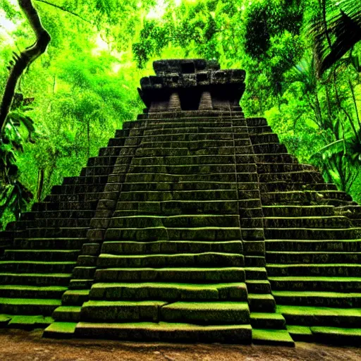 Prompt: a photo of a aztec temple in a rainforest