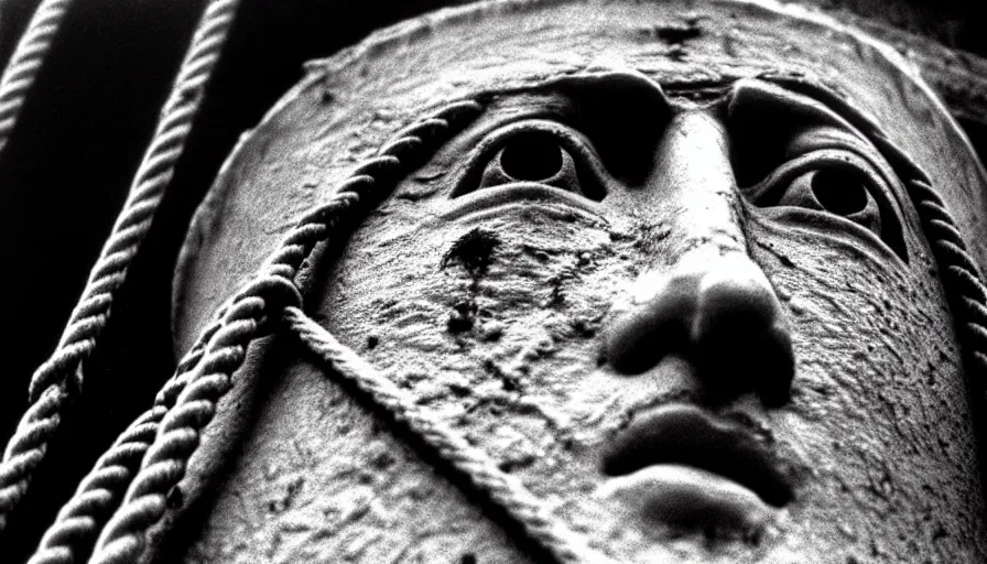 Image similar to 1 9 7 0 s movie still close - up of marcus atilius regulus'face tied with ropes at a pole with sewed eyes, forced - open eyes looking directly at the burning sun, his eyes are bleeding intense, cinestill 8 0 0 t 3 5 mm, high quality, heavy grain, high detail, texture, dramatic light