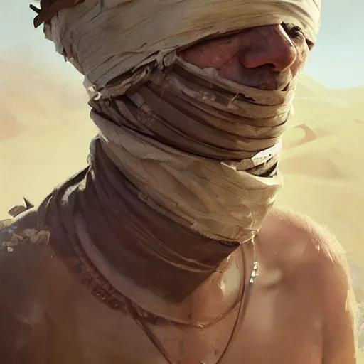 Prompt: a desert druid wearing bandages all over his body, full body, covered in bandages, masked, greg rutkowski