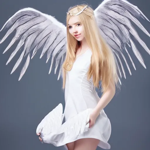 Prompt: of cute 2 0 year old female angel with long blonde hair with wings and white dress