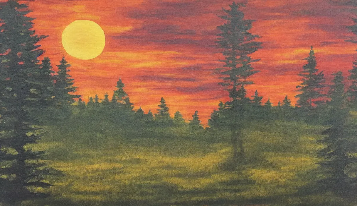 Image similar to a painting of a sunset with a forest on the left, a crystalline stream in the center and a wooden house on the right