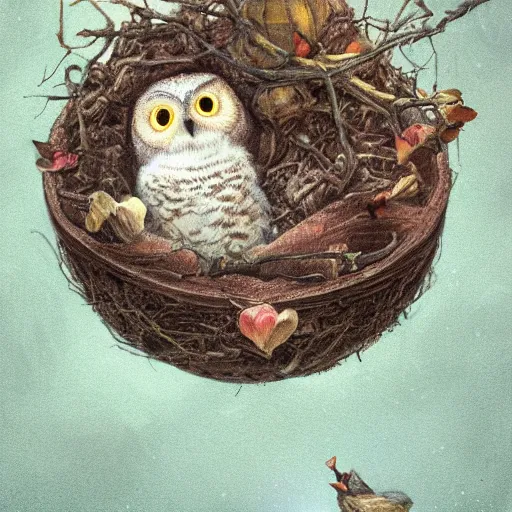 Prompt: long shot of a very cute owl chick nesting in a very romantique cup, by esao andrews, by james jean, marc simonetti, by victo ngai, humorous illustration, hyperrealistic, big depth of field, warm colors, night scenery, dim light, 3 d octane render, 4 k, hyperdetailed, hyperrealistic, trending on artstation