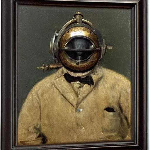 Image similar to portrait of a diver with an antique diving helmet by alfred stevens