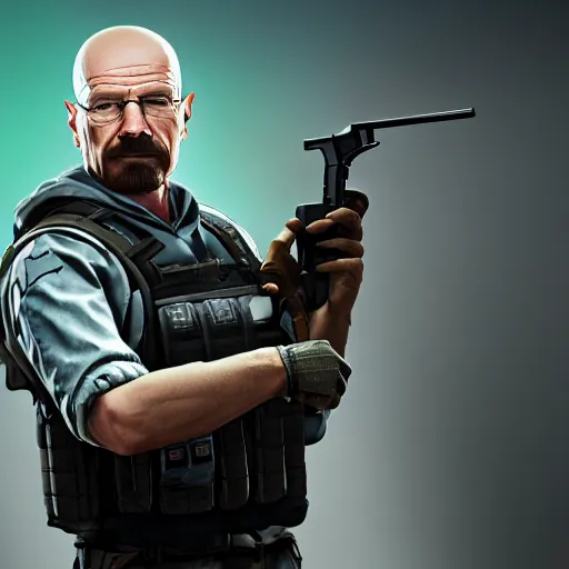 Image similar to walter white holding a macchine gun as a rainbow six siege operator, 4 k, highly detailed