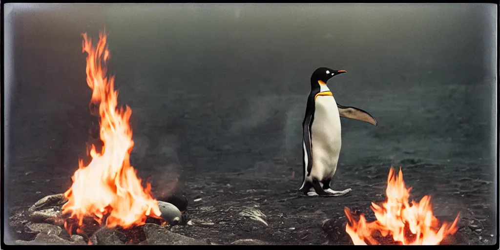 Image similar to detailed medium format photo, polaroid still from tarkovsky movie, penguin standing on burning hot coals, haze, high production value, intricate details, 8 k resolution, hyperrealistic, hdr, photorealistic, high definition, tehnicolor, award - winning photography, masterpiece, amazing colors