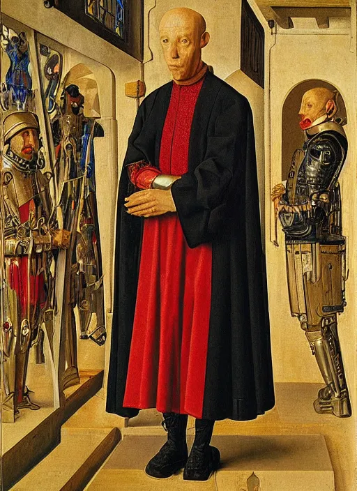 Image similar to a cyborg priest by Jan van Eyck