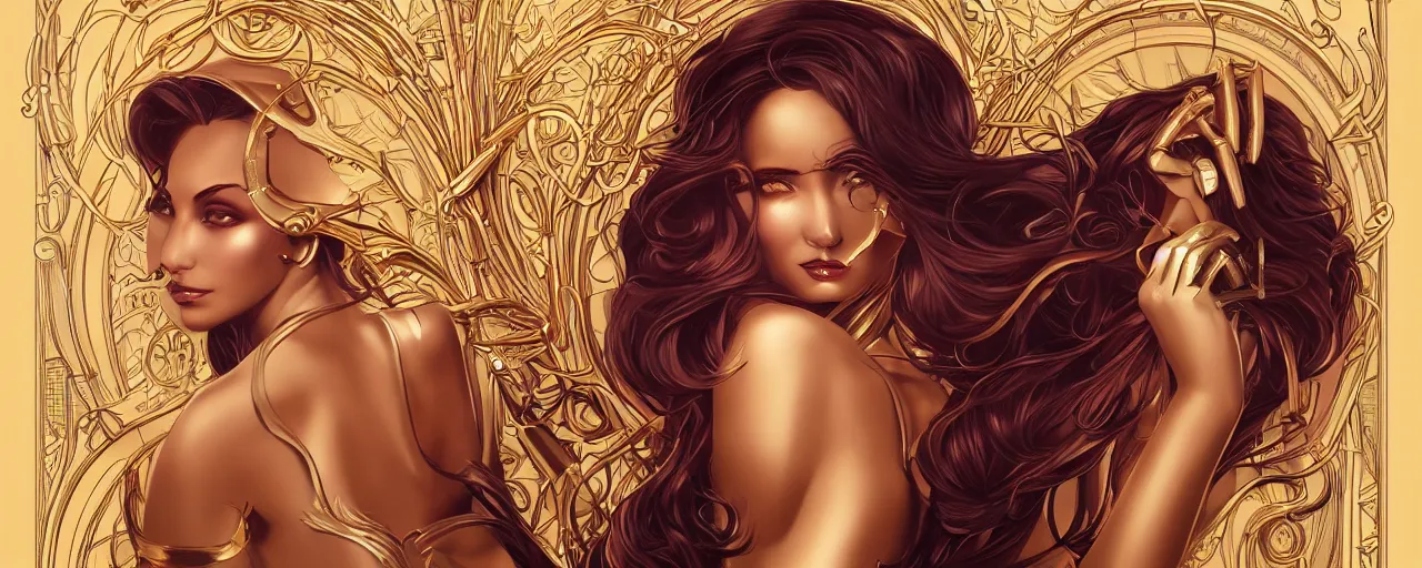 Image similar to beauty art nouveau woman, gold robotic, trending on artstation, by Artgerm