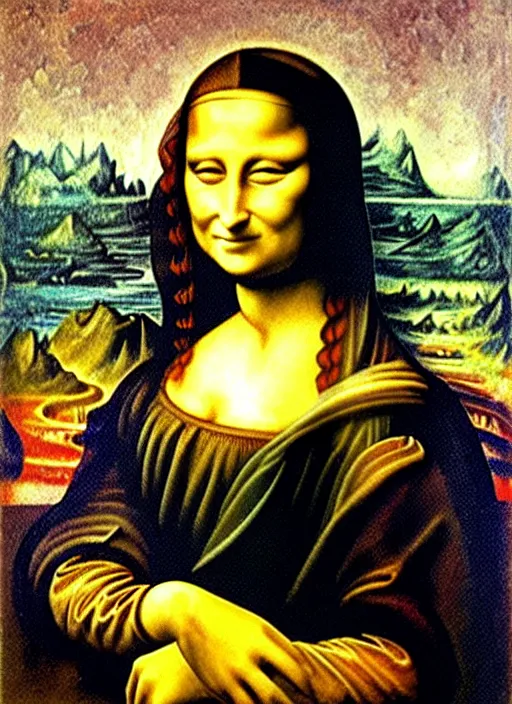 Image similar to Mona Lisa oil on canvas by Umberto Boccioni, seductive look, vivid colors, hyperdetail HQ