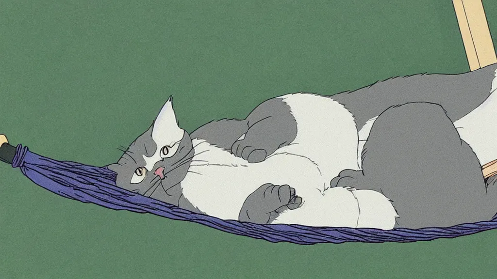 Prompt: grey american shorthair cat sleeping in a hammock, animated still, by studio ghibli, by hayao miyazaki