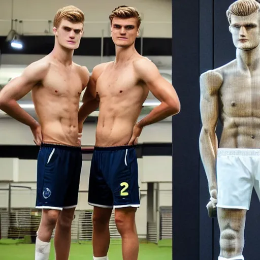 Prompt: a realistic detailed photo of a guy who is an attractive humanoid who is half robot and half humanoid, who is a male android, soccer players martin ødegaard & timo werner, shiny skin, posing like a statue, blank stare, in a factory, on display, showing off his muscles, gold soccer shorts, side view, looking at each other mindlessly