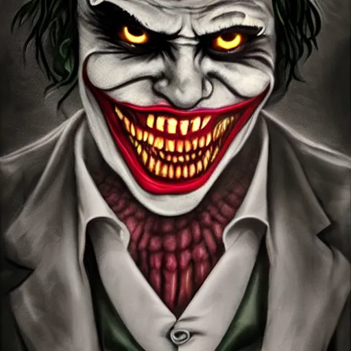 Prompt: joker, smiling, unnatural grin, horror, creepy, smoke, black, dark, glow