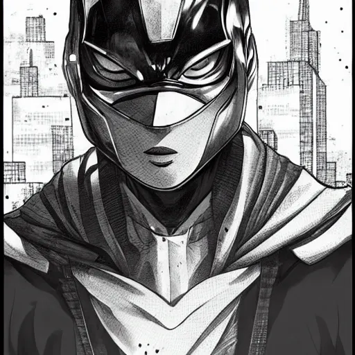 Image similar to Manga illustration of masked super hero, full body and head portrait by Tetsuo Hara. Depth of field, zoom out 35mm camera, awesome cityscape in the background, highly detailed concept art, detailed pencil art by Kengo Hanazawa