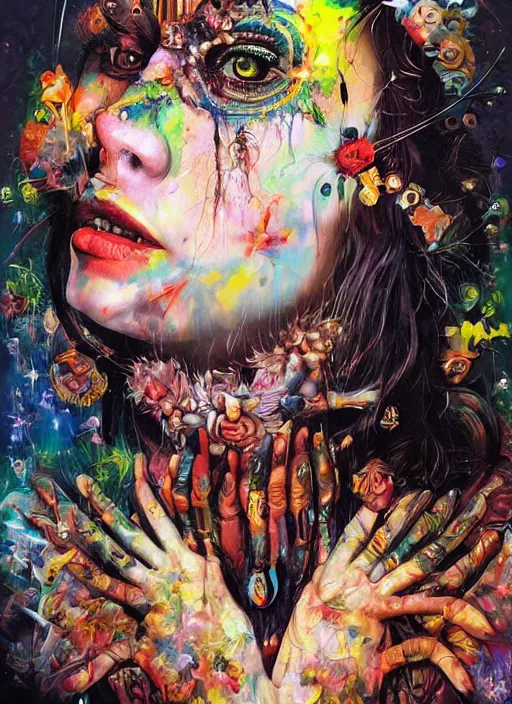 Image similar to creative magic cult psychic woman smiling, third eye concept, subjective consciousness psychedelic, epic surrealism expressionism symbolism, story telling, iconic, dark robed, oil painting, symmetrical face, dark myth mythos, by Sandra Chevrier, Noriyoshi Ohrai masterpiece