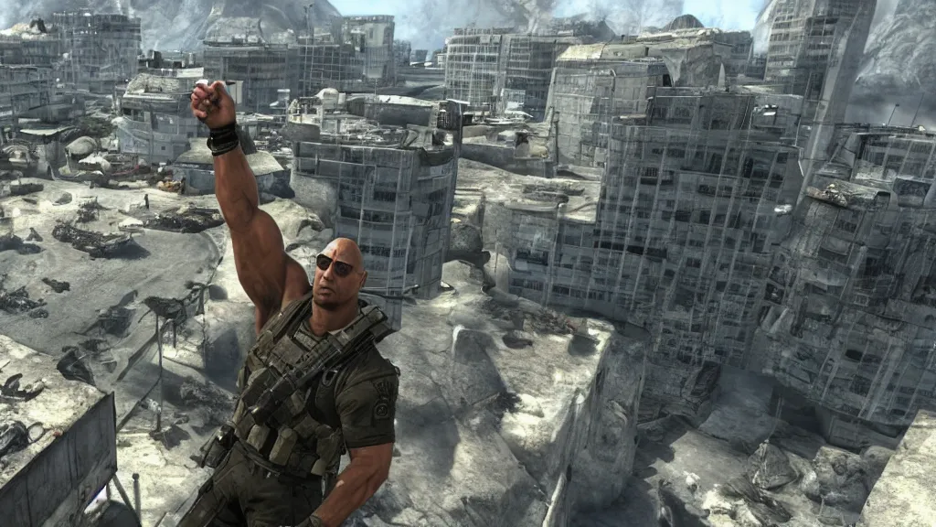 Image similar to dwayne the rock johnson, dwayne the rock johnson in the call of duty map highrise, modern warfare 2 highrise, screenshot