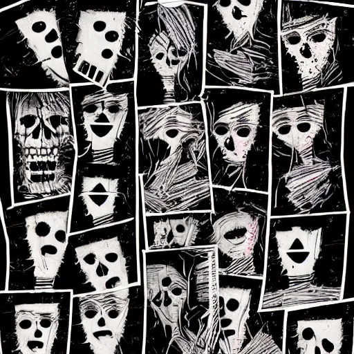 Prompt: multiple faces shredded like paper news scared, dark horror, surreal, illustration, by alley burke