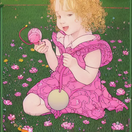 Image similar to a beautiful [[[[[happy]]]]] little blonde toddler girl with short loosely curly hair, at the park on a beautiful day, holding a round all-pink stuffed penguin, by Dan Mumford, Junji Murakami, Mucha Klimt, Hiroshi Yoshida and Craig Mullins, featured on Artstation, CGSociety, Behance HD, Deviantart