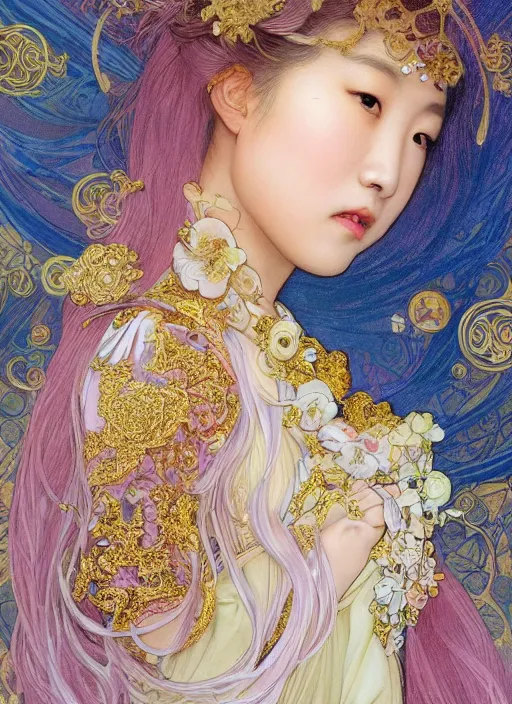 Prompt: Jennie Kim from Blackpink as magical celestial princess wearing luxurious futuristic chic slim pearlescent dress, bright gold eyes, peaceful expression, fantasy, intricate pink and royal blue dress, modeling for Dulce and Gabanna, accurately portrayed, portrait art by James Jean and Alphonse mucha, highly detailed, digital painting, concept art, illustration, multiversal paradise shining rgb luxurious lights, trending on artstation, very detailed, smooth, sharp focus, octane render, close up