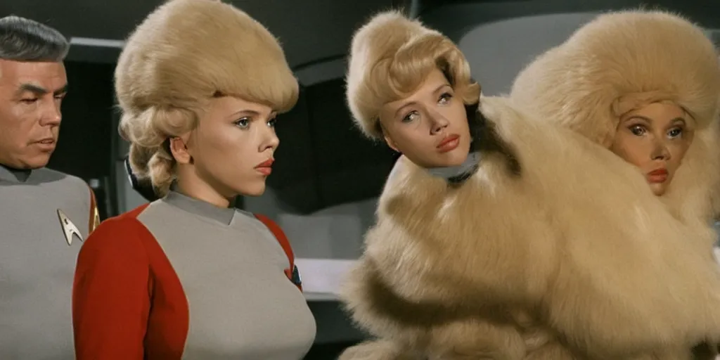 Image similar to Scarlett Johansson and Tribbles in a scene from Star Trek the original series