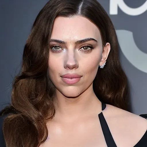 Image similar to a woman who is a genetic combination of kim kardashian and kat dennings and scarlett johansson and margot robbie and emma watson, face and upper - body focus