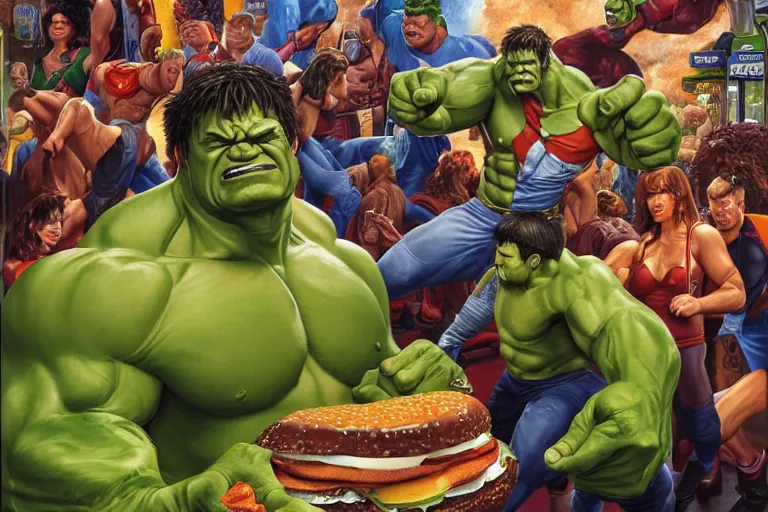 Prompt: the hulk working at burger king, oil on canvas, intricate, full scene, 8 k highly professionally detailed, hdr, joe jusko