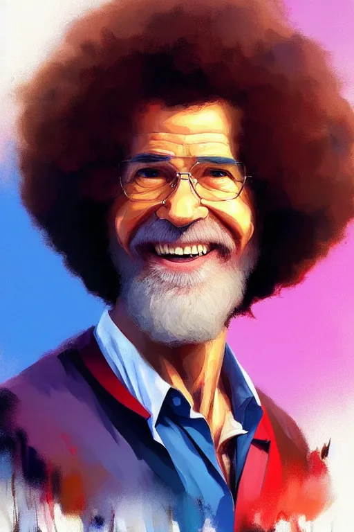 Image similar to portrait of Bob Ross, modern, colourful!! highly detailed, digital painting, artstation, concept art, sharp focus, illustration, by greg rutkowski