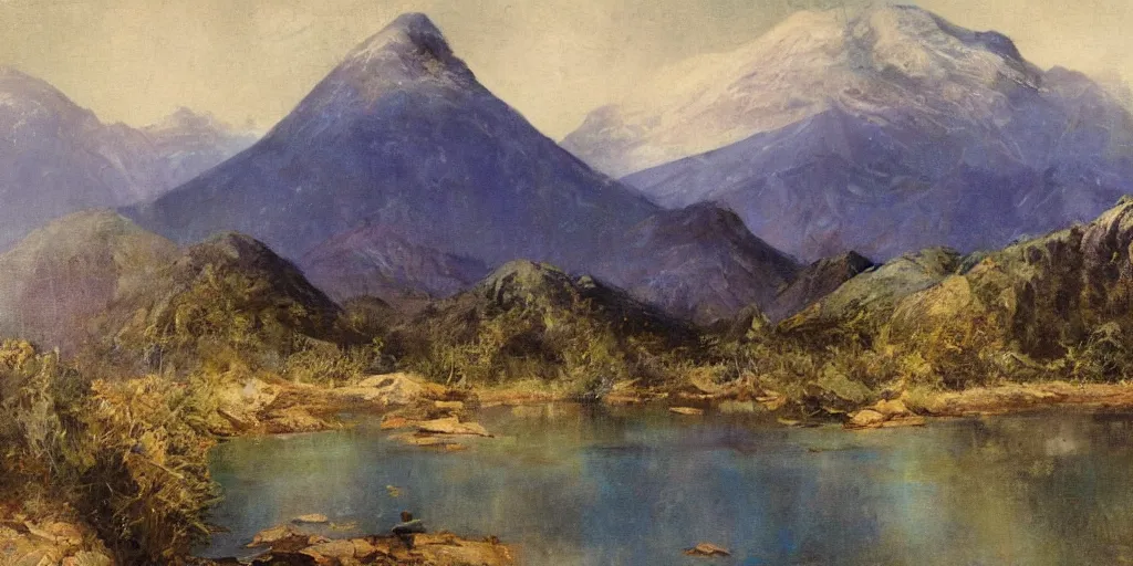 Image similar to painting of mount kinabalu, blue and purple lighting by solomon joseph solomon and richard schmid and jeremy lipking victorian genre painting full length portrait