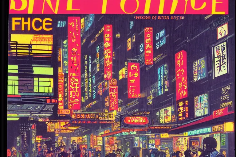 Image similar to 1 9 7 9 science fiction magazine cover depicting a row of shops downtown in neo - tokyo. in the style of bladerunner concept art by syd mead