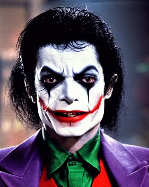 Image similar to a movie still of Batman starring Michael Jackson as the Joker smiling, 8k, Technicolor, telephoto lens, detailed skin, detailed realistic eyes, medium shot, mid-shot