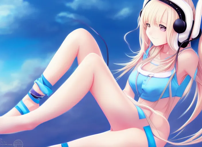 Prompt: full body shot : a very beautiful young anime girl sitting with bunny headphones, extremely long wavy long blond hair, sky blue eyes, full round face,, bikini, miniskirt, highly detailed, cinematic wallpaper by stanley artgerm lau