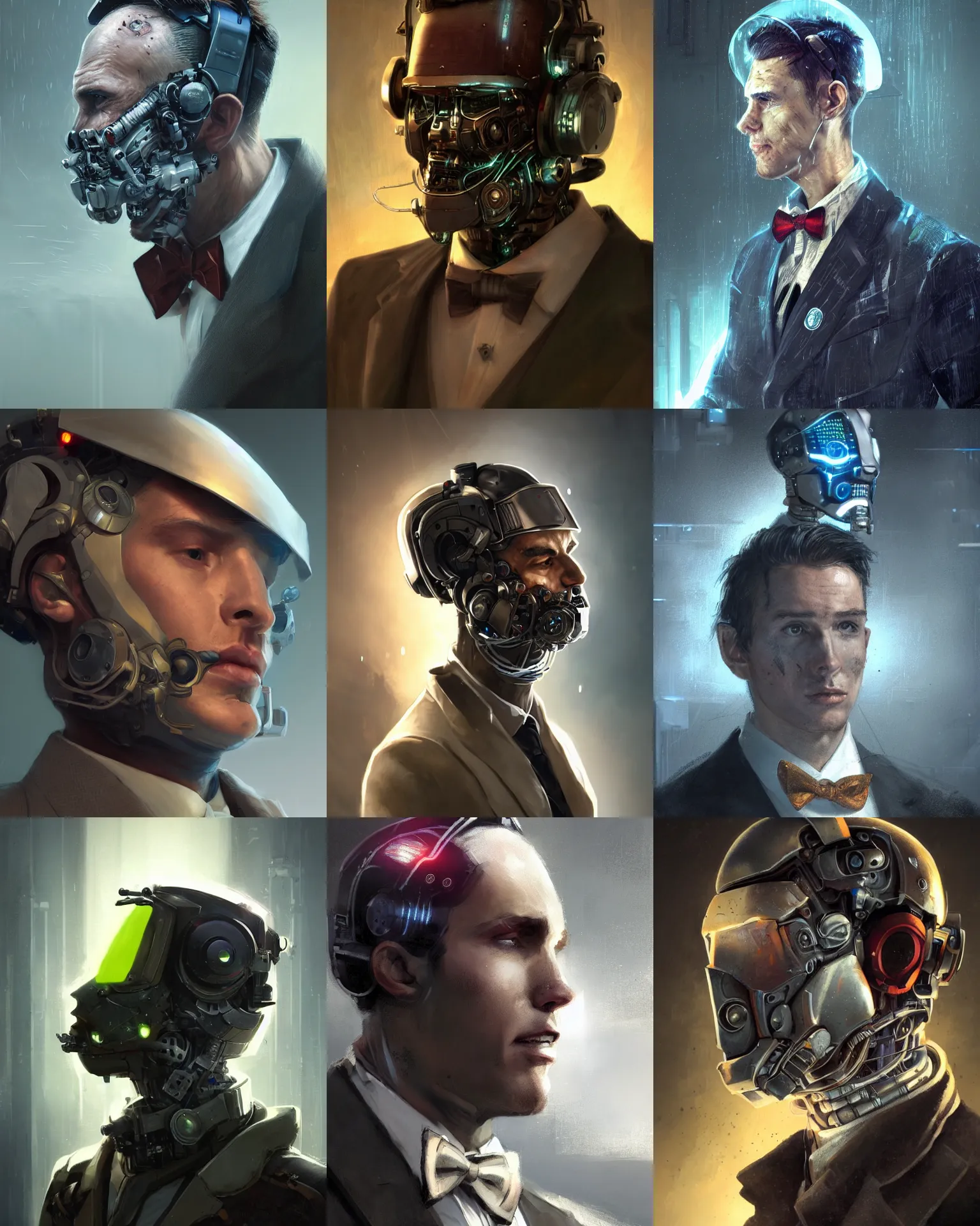 Image similar to a rugged young engineer man with cybernetic enhancements wearing a suit and bowtie, detailed face with visor, scifi character portrait by greg rutkowski, esuthio, craig mullins, 1 / 4 headshot, cinematic lighting, dystopian scifi gear, gloomy, profile picture, mechanical, half robot, implants, steampunk