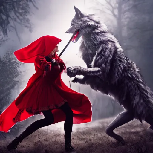 Image similar to red riding hood female warrior fending off a werewolf, highly detailed, dramatic lighting, cinematic, 4k