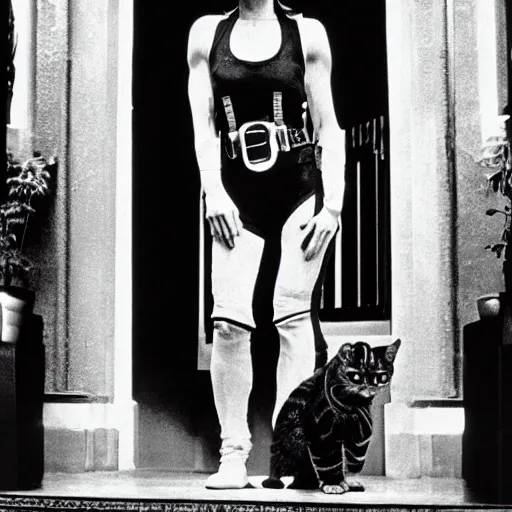 Image similar to detailed professional photographic portrait of Sigourney Weaver as ripley wearing a white singlet and her cat Jonesy moving apartment New York City 1983, gothic building entrance way Art Deco light style of H.R. Giger, cinematic feel, high octane