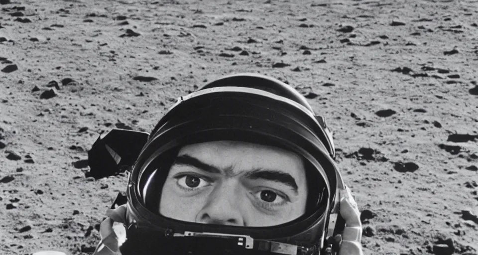 Prompt: a 1960s portrait photo of Stanley Kubrick on a movie set of the moon surface, 8K HD, old photo, highly detailed