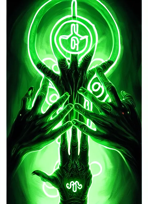 Image similar to illustration of a demonic evil glowing green portal with glowing runes, with hands reaching out from the portal covered in rune tattoos, intricate, demonic, evil green lighting, highly detailed, digital painting, artstation, concept art, smooth, sharp focus, illustration, art by wlop, mars ravelo and greg rutkowski