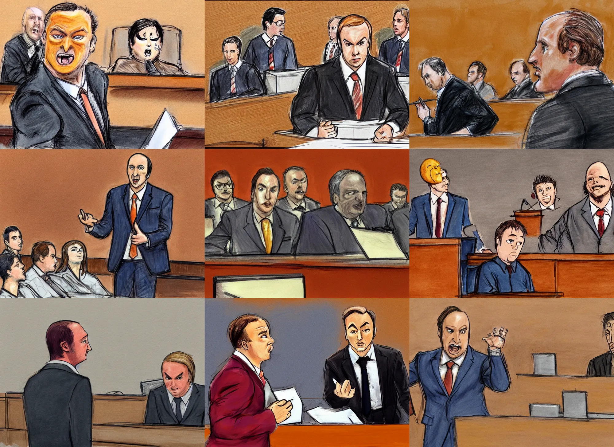 Prompt: courtroom sketchsaul of goodman defending the annoying orange in court, high quality