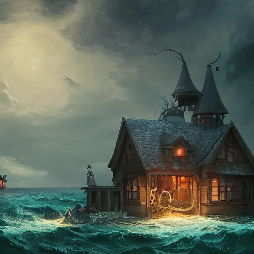 Image similar to realistic scary witches in front of a candy witch house, floating on the ocean, epic scene, fantasy, cinematic, hyper - detailed, in the style of greg rutkowski