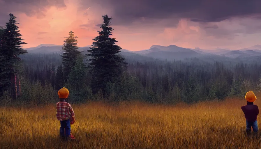 Prompt: back view of lumberjack and his son on the edge of mountains watching animals in the field in the distance, volumetric light, sunset, hyperdetailed, artstation, cgsociety, 8 k