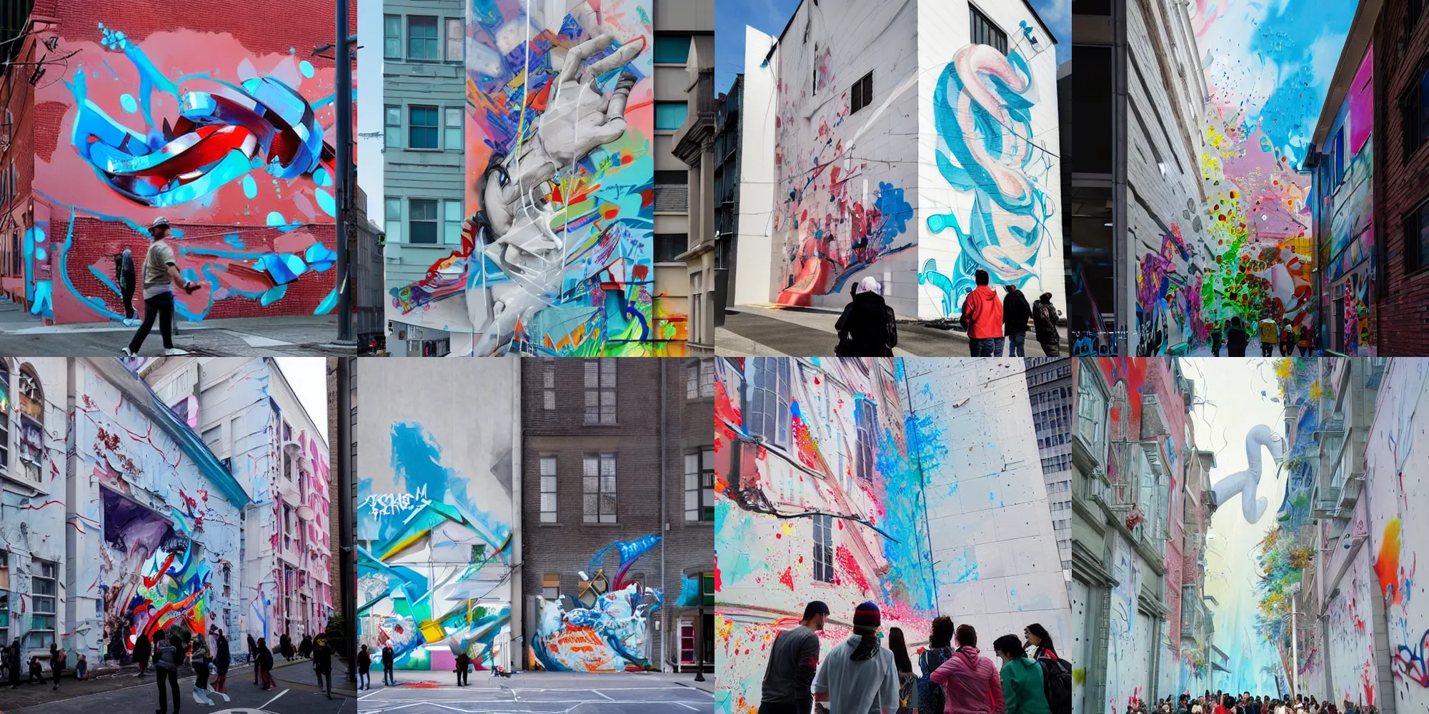 Prompt: people in a city looking at a white building covered with a 3d graffiti mural with paint dripping down to the floor, painterly, style by james jean, yoshitaka Amano, hiroshi yoshida, moebius, loish, artgerm, painterly, symmetrical, masterpiece, concept art, complementing colors, trending on artstation