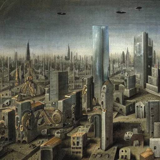 Image similar to a futuristic city painted by bosch.