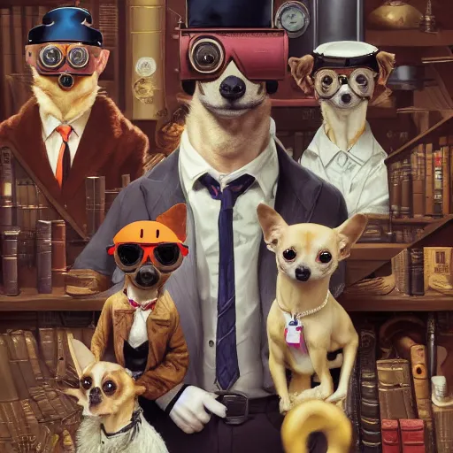 Image similar to ripped physique goggles collar Man Steampunk portrait Sherlock Patrick Bateman snout Detective Anthropomorphic furry fuzzy fashion vogue Chihuahua man wearing a Chihuahua costume wearing an engineer gnome costume gerald brom bastien grivet greg rutkowski norman rockwell portrait face head snout ears eyes illustration tombow