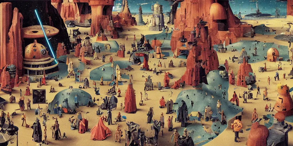 Image similar to a colorful scene from Star Wars, detailed illustration, character design, intricate, by Wes Anderson, hieronymus bosch and Moebius