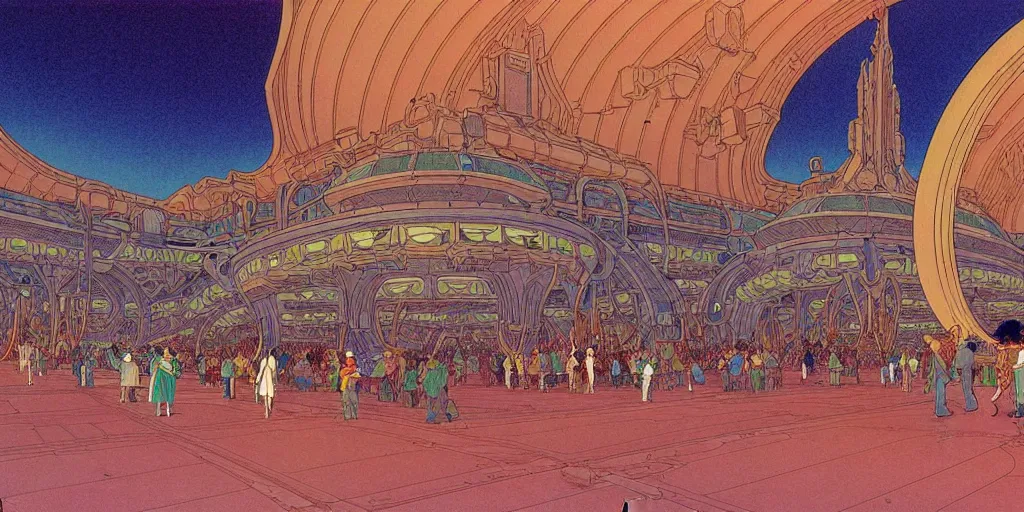 Image similar to cel shaded cinematic shot of the interior of a sci-fi space station with ornate Elven architecture bustling with people, epic castle, emerald, crystalline, detailed illustration, sharp focus, crisp lines, art by Moebius!!!, Jean Giraud Moebius!!! comic illustration