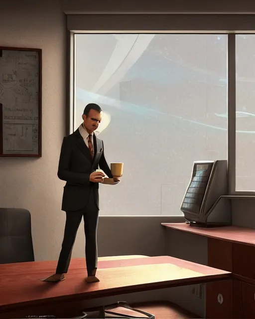 Image similar to artstation scifi scene of a weasel in suits drinking tea ， in a shabby lawyer office, wooden furnitures summer unreal engine 5, hyper realism, realistic shading, cinematic composition, blender render, octane render, hdr, detailed textures, photorealistic, wide shot