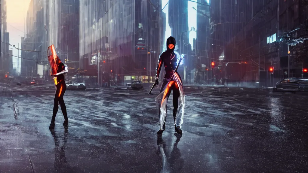 Image similar to modern sci-fi ninja woman with a sword and transparent plastic rainjacket and translucent clothing, walking towards oncoming busy traffic trucks and cars, in downtown chicago, daytime, wet floor on streets, matte painting, unreal engine, cinematic camera, mirrors edge, sunset overdrive