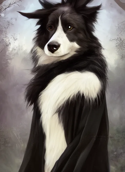 Prompt: beautiful wide angle full body portrait of a cute male anthropomorphic anthro border collie fursona wearing black robes in a park, character design by charlie bowater, henry asencio, and ross tran, scenic background, detailed, glamor pose, solo, aesthetic, trending on artstation, furaffinity, deviantart